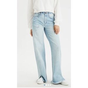 American Eagle Skater Baggy Jean Destroyed Light Wash Wide Leg Frayed Hem Size 0